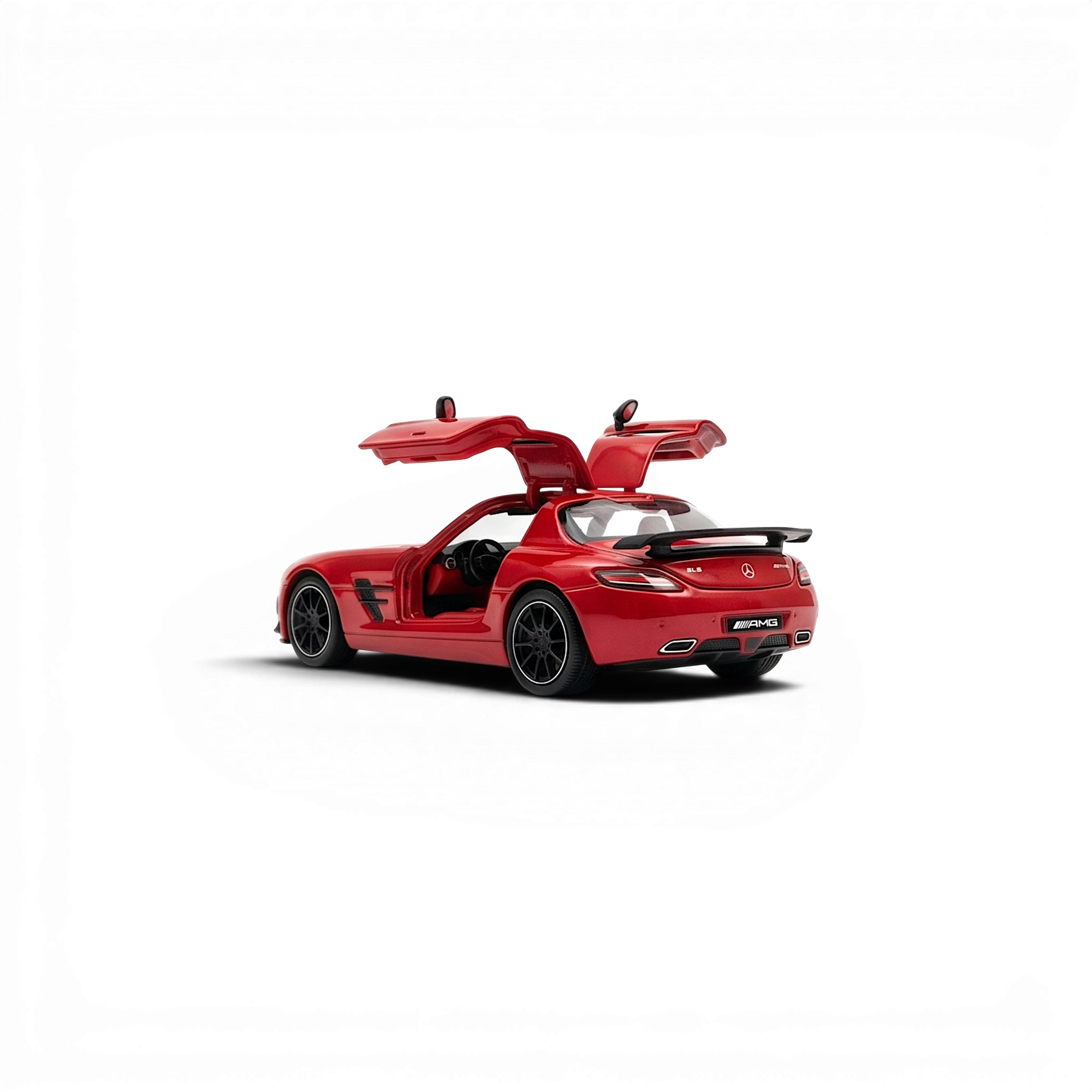 Lot57Supplies Diecast Shop red 1:64 scale Mercedes-Benz SLS AMG BS diecast model with gullwing doors open, rubber tires, and metal base.