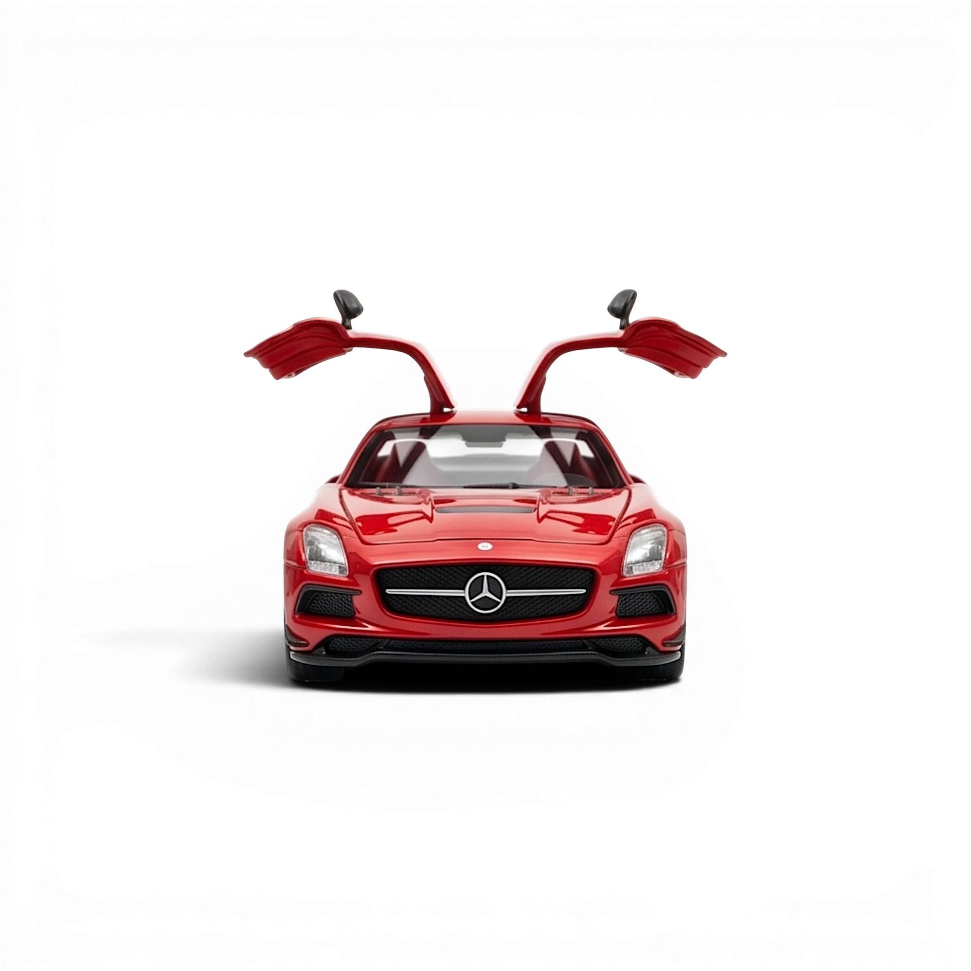 Lot57Supplies Diecast Shop red 1:64 scale Mercedes-Benz SLS AMG BS model with gullwing doors open, diecast material.
