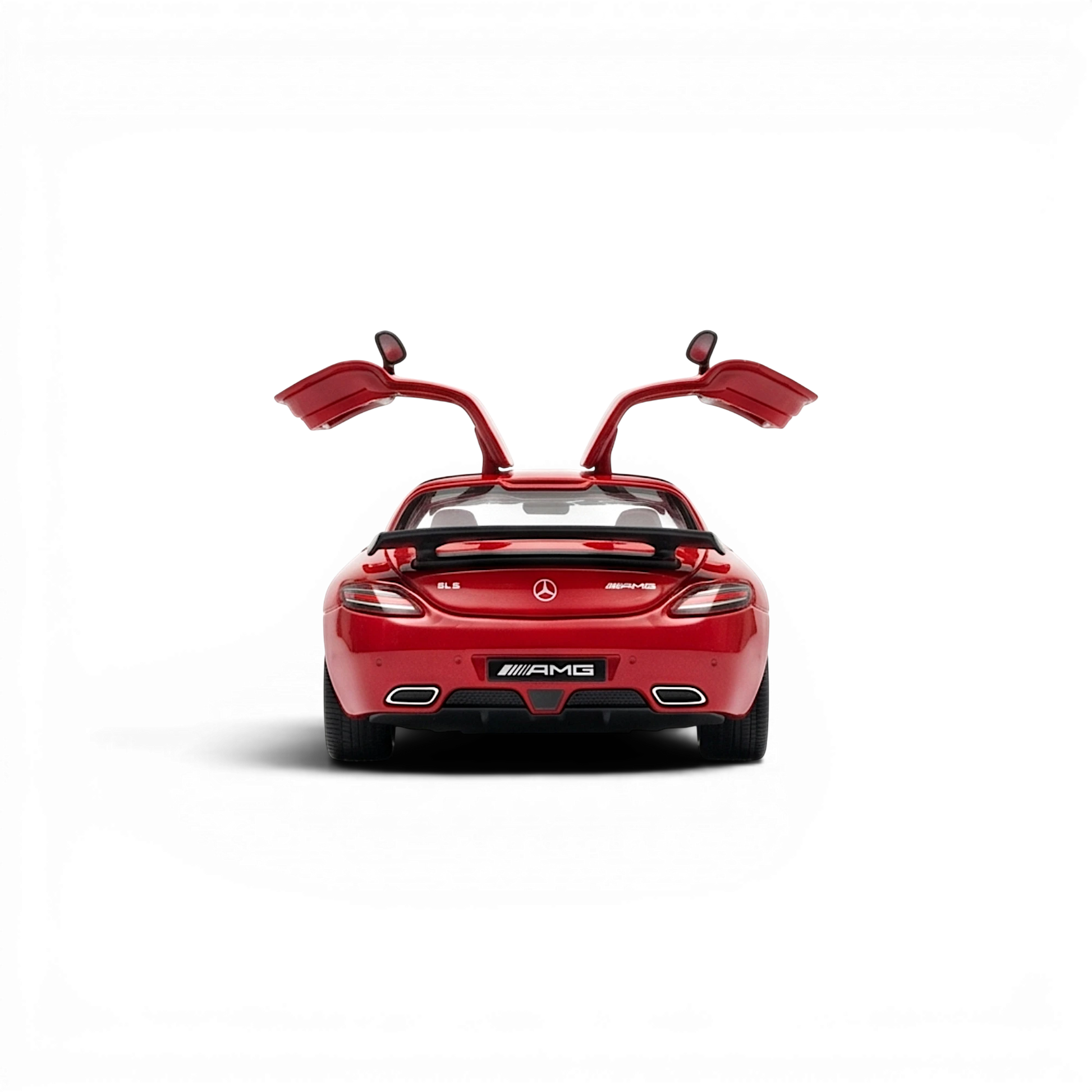 Lot57Supplies Diecast Shop red 1:64 scale Mercedes-Benz SLS AMG BS diecast model with gullwing doors open.