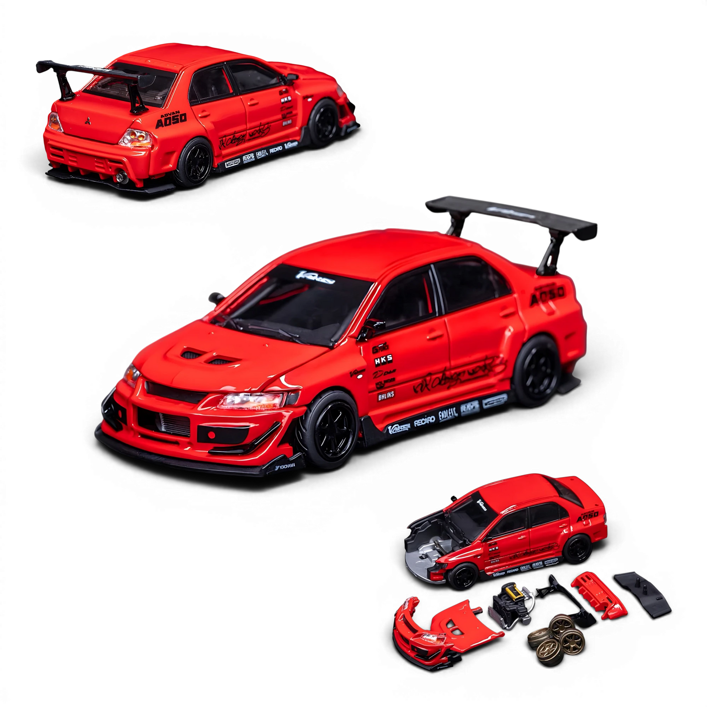 Lot57Supplies Diecast Shop PEAKO 1:64 scale red Mitsubishi Lancer Evolution IX VARIS widebody diecast model car set