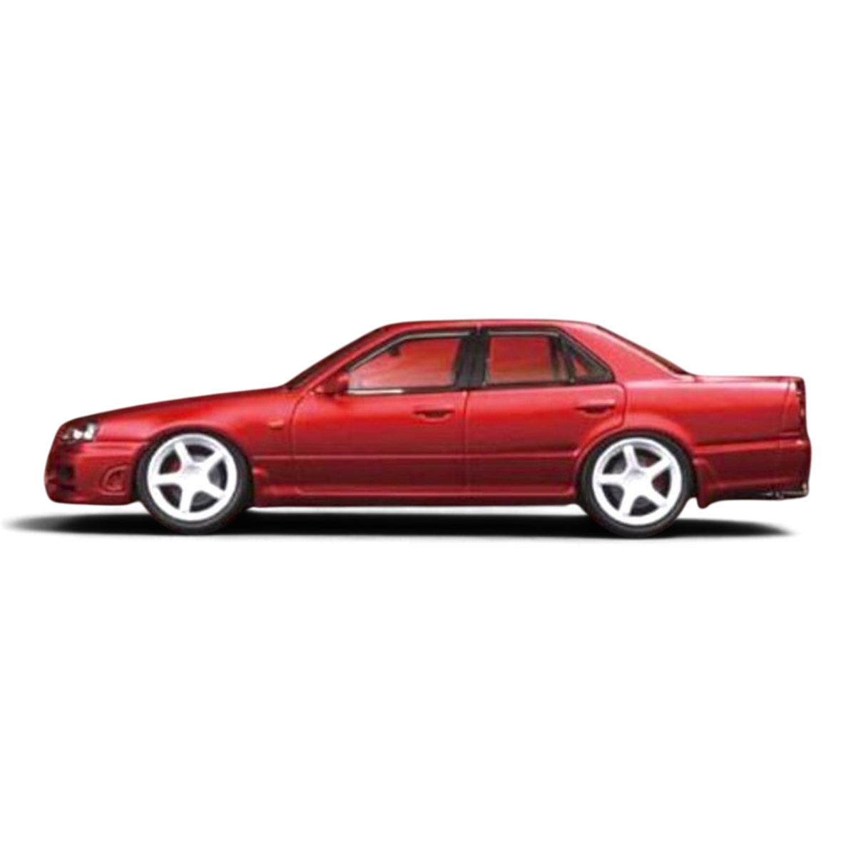 Lot57Supplies Diecast Shop Mortal 1:64 scale red Nissan ER34 Skyline 25GT-t diecast model car, side profile view.