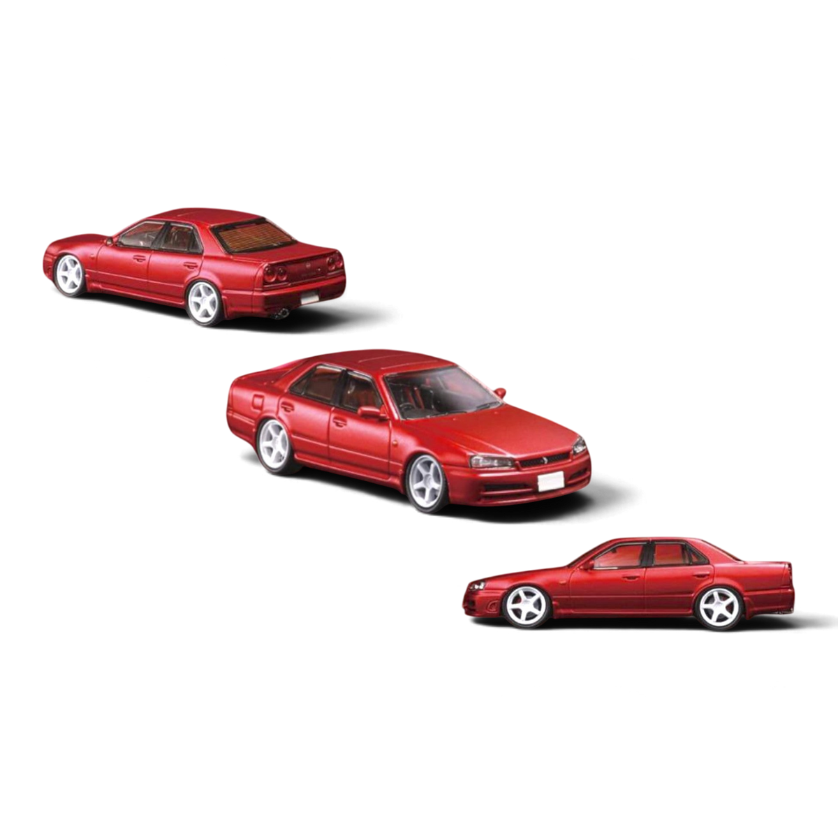 Lot57Supplies Diecast Shop Mortal 1:64 scale red Nissan ER34 Skyline 25GT-t diecast model car in three views