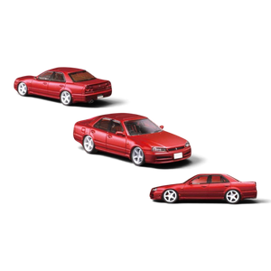 Lot57Supplies Diecast Shop Mortal 1:64 scale red Nissan ER34 Skyline 25GT-t diecast model car in three views