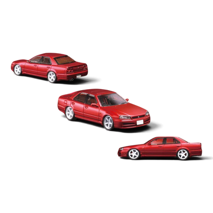 Lot57Supplies Diecast Shop Mortal 1:64 scale red Nissan ER34 Skyline 25GT-t diecast model car in three views