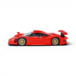 Lot57Supplies Diecast Shop 1:64 scale red Porsche 911 GT1 1998 diecast model car with gold wheels, side profile view.