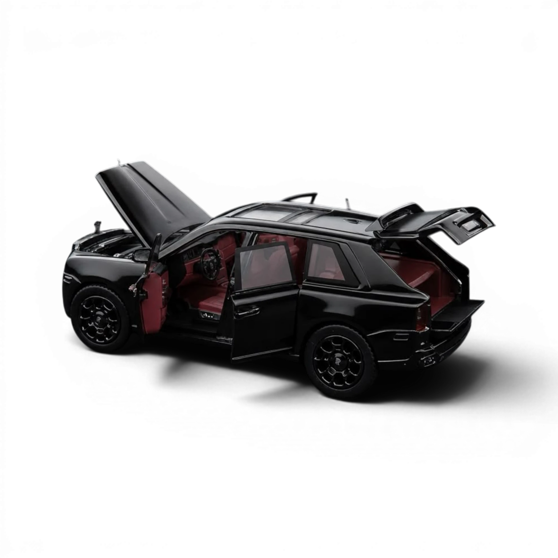 Lot57Supplies Diecast Shop DCM 1:64 scale black Rolls-Royce Cullinan Black Warrior model with open doors and hood