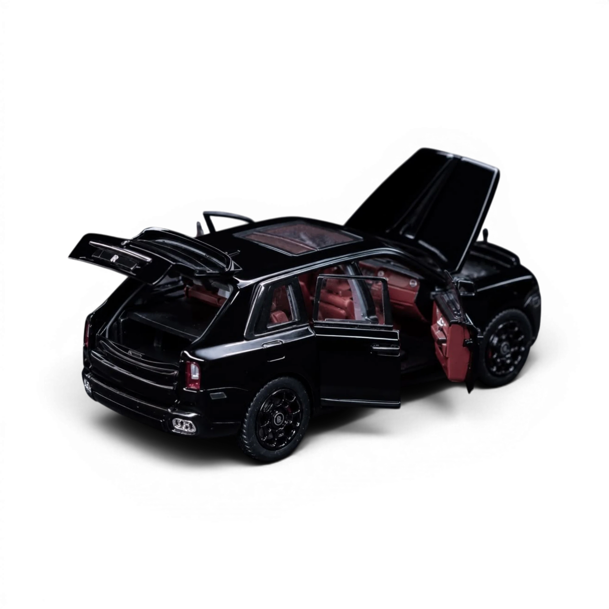 Lot57Supplies Diecast Shop 1:64 scale DCM Rolls-Royce Cullinan Black Warrior diecast model with open doors and trunk