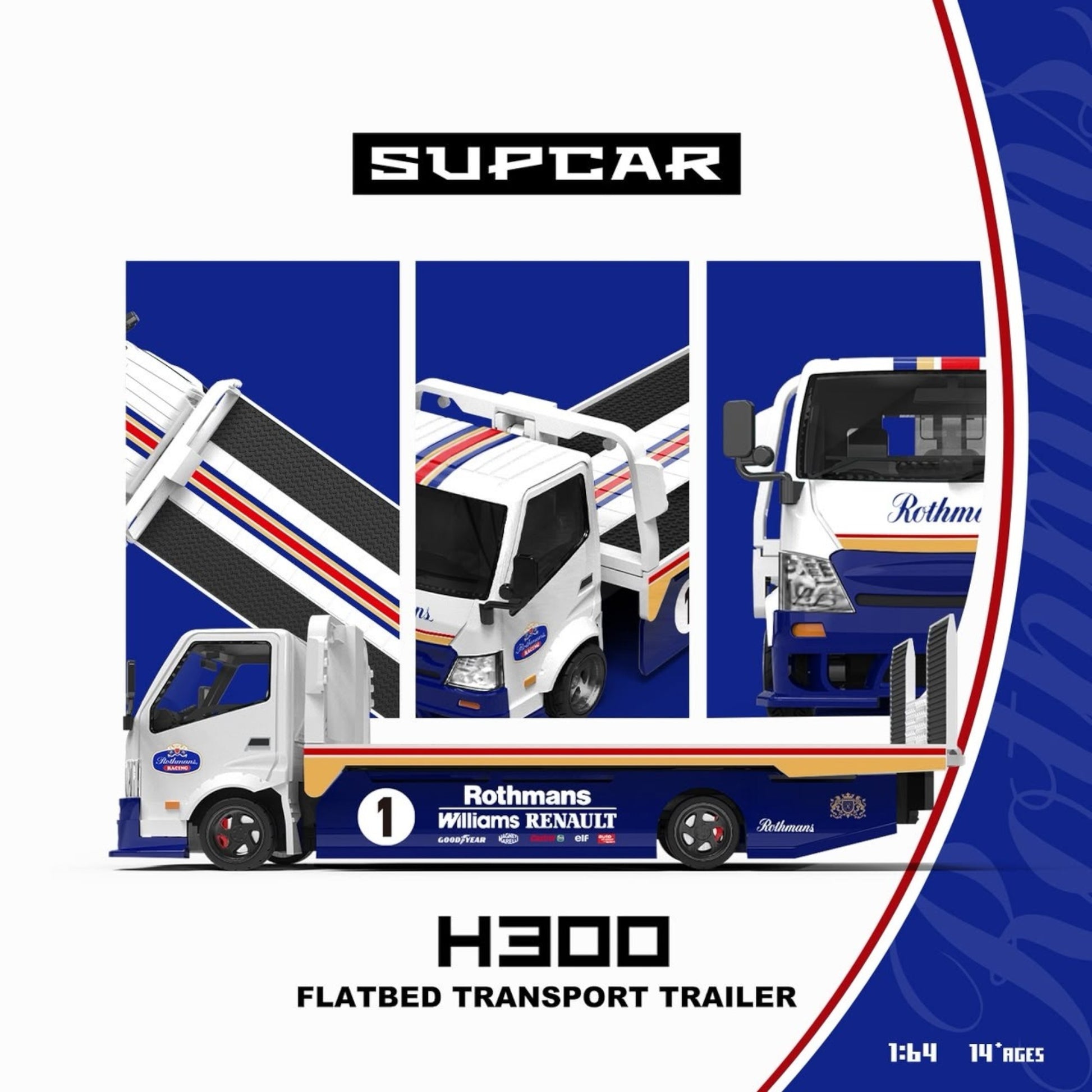 Lot57Supplies Diecast Shop SC H300 1:64 scale diecast flatbed transport trailer in iconic blue and white Rothmans livery