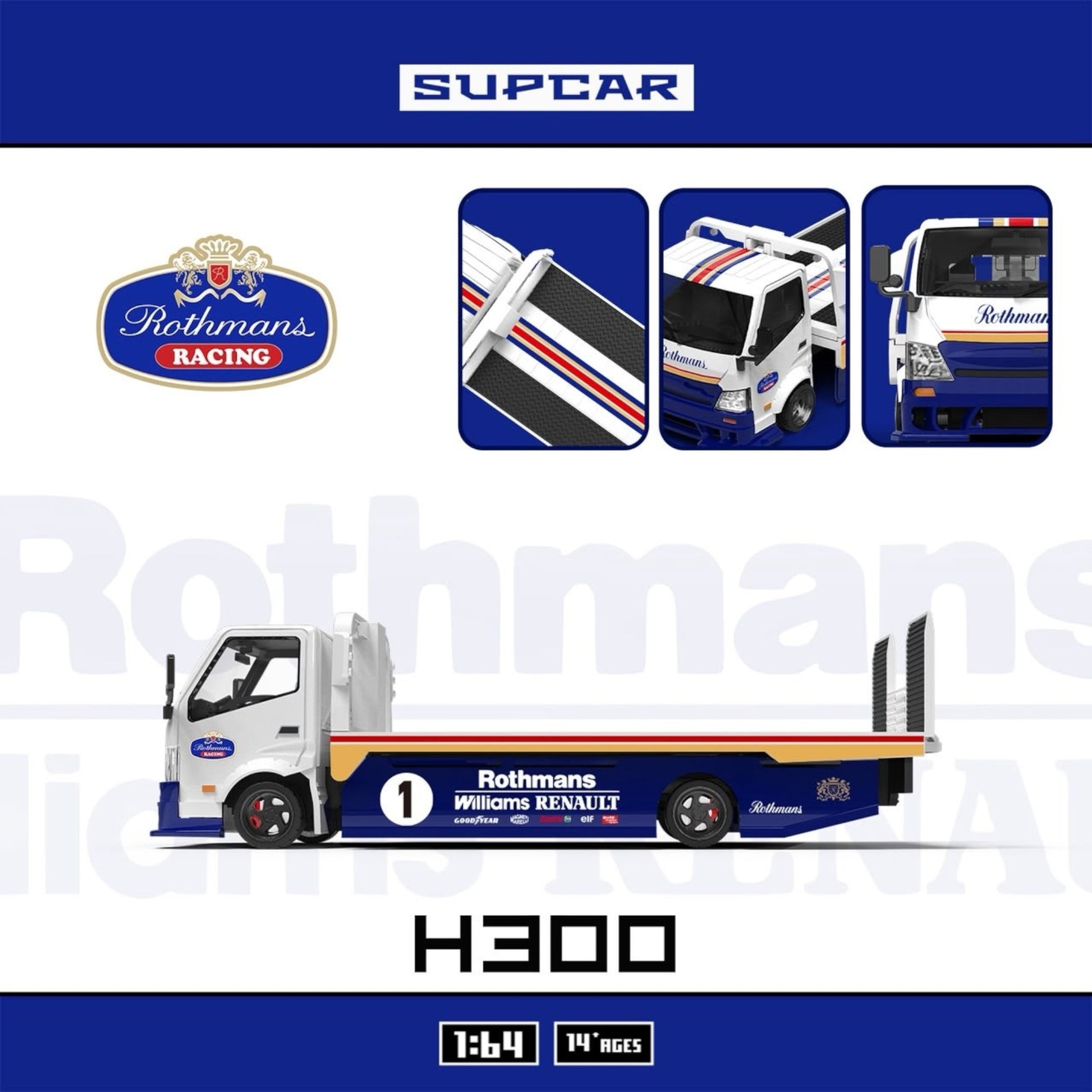 Lot57Supplies Diecast Shop 1:64 scale SC H300 flatbed transport trailer in blue and white Rothmans racing livery