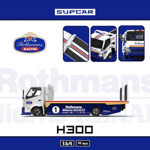 Lot57Supplies Diecast Shop 1:64 scale SC H300 flatbed transport trailer in blue and white Rothmans racing livery