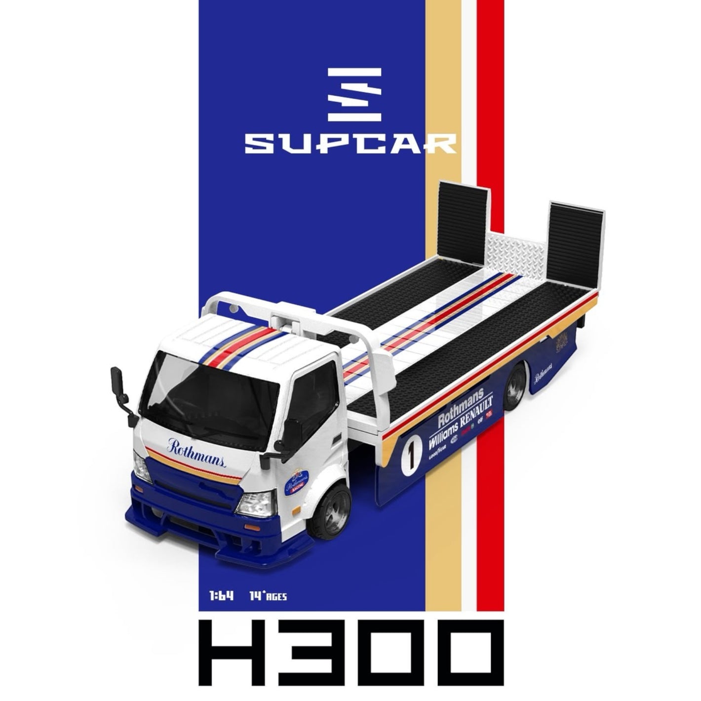 Lot57Supplies Diecast Shop SC H300 flatbed transport trailer in 1:64 scale with iconic Rothmans racing livery