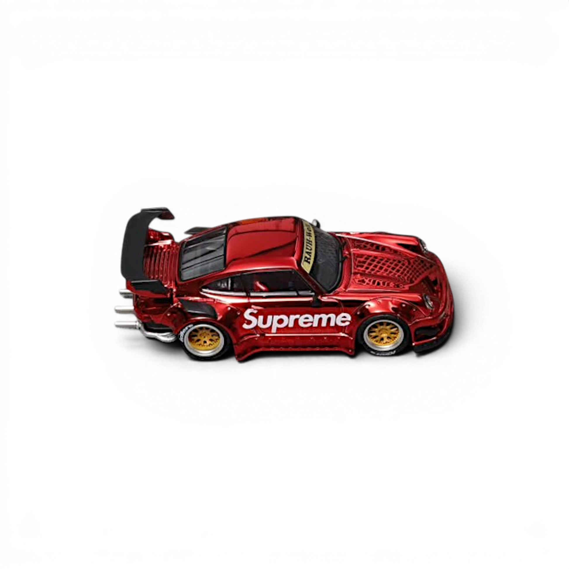Lot57Supplies Diecast Shop Star Models RWB 930 GT Wing in chrome red Supreme livery with detailed exhaust, 1:64 scale