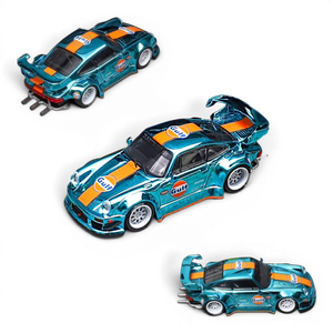 Lot57Supplies Diecast Shop Star Models RWB 930 GT Wing diecast car in chrome Gulf livery with detailed exhaust, 1:64 scale