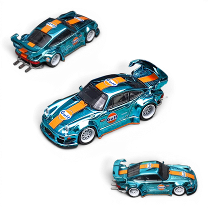 Lot57Supplies Diecast Shop Star Models RWB 930 GT Wing diecast car in chrome Gulf livery with detailed exhaust, 1:64 scale