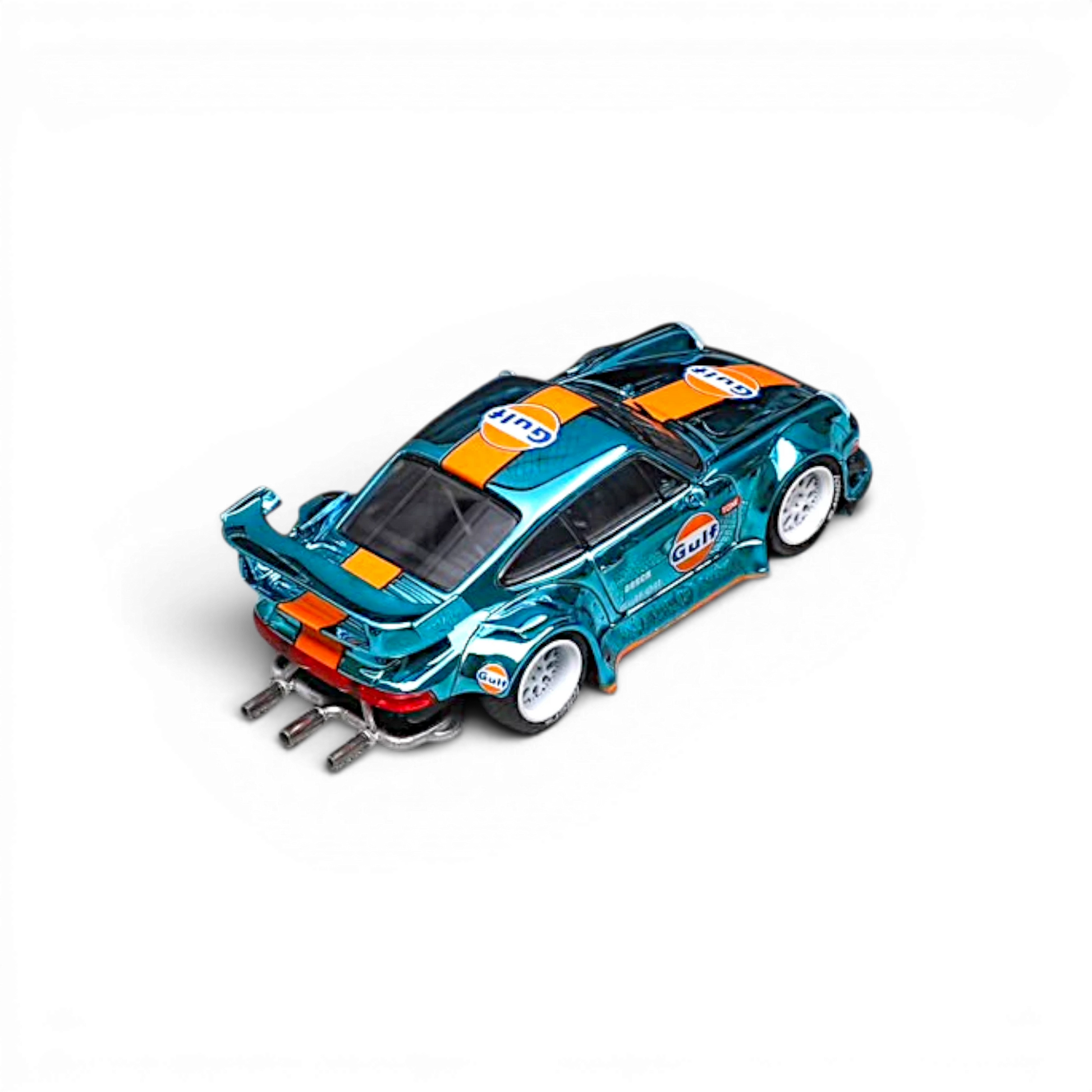 Lot57Supplies Diecast Shop Star Models RWB 930 GT Wing diecast car in chrome Gulf livery with detailed exhaust, 1:64 scale