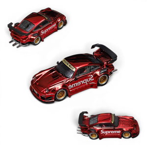 Lot57Supplies Diecast Shop Star Models RWB 930 GT Wing diecast car in red chrome Supreme livery with detailed exhaust