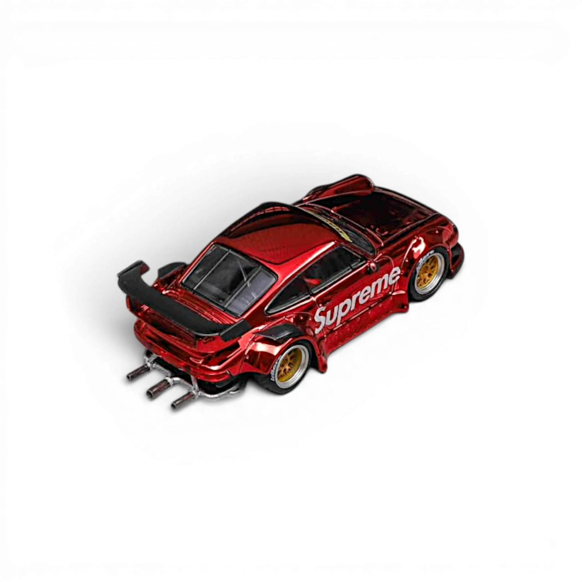 Lot57Supplies Diecast Shop Star Models RWB 930 GT Wing diecast car in red chrome Supreme livery with detailed exhaust