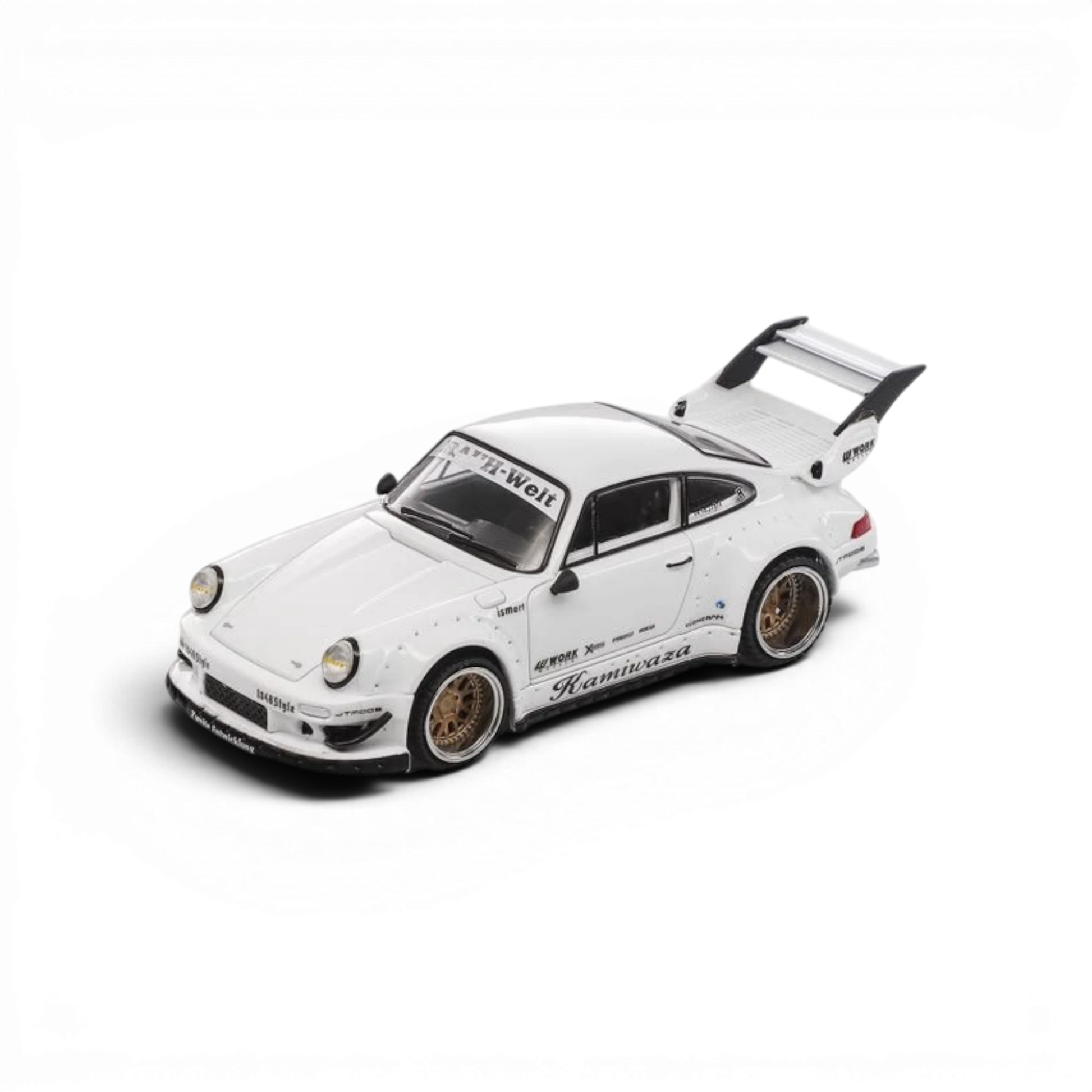 Lot57Supplies Diecast Shop Modelmodel RWB 930 Kamiwaza white diecast model car in 1:64 scale with gold wheels