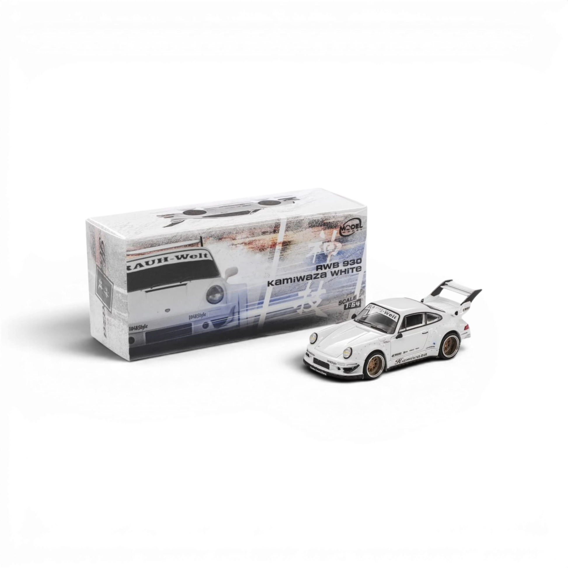 Lot57Supplies Diecast Shop Modelmodel RWB 930 Kamiwaza White diecast car in 1:64 scale with its display box.