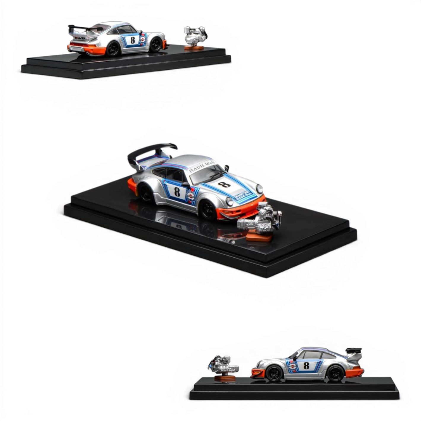 Lot57Supplies Diecast Shop RWB 964 Martini diecast model car, 1:64 scale, silver with blue and orange racing stripes, number 8.