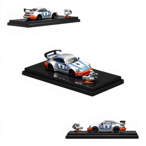Lot57Supplies Diecast Shop RWB 964 Martini diecast model car, 1:64 scale, silver with blue and orange racing stripes, number 8.