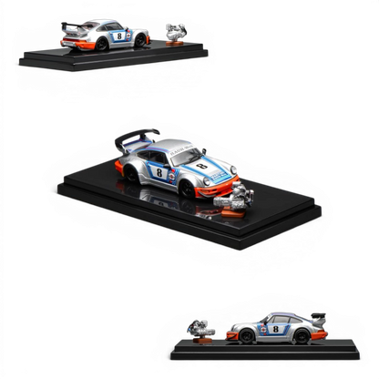 Lot57Supplies Diecast Shop RWB 964 Martini diecast model car, 1:64 scale, silver with blue and orange racing stripes, number 8.