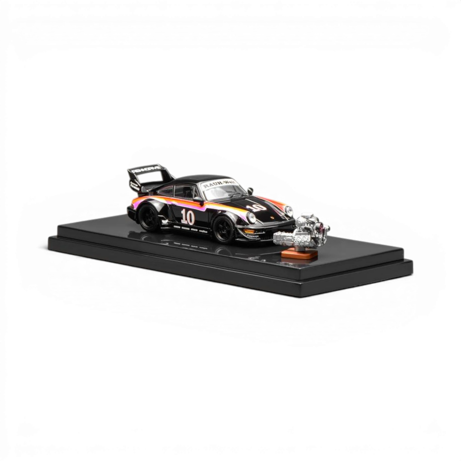 Lot57Supplies Diecast Shop black 1:64 scale RWB 964 model car with #10 racing livery and engine replica.