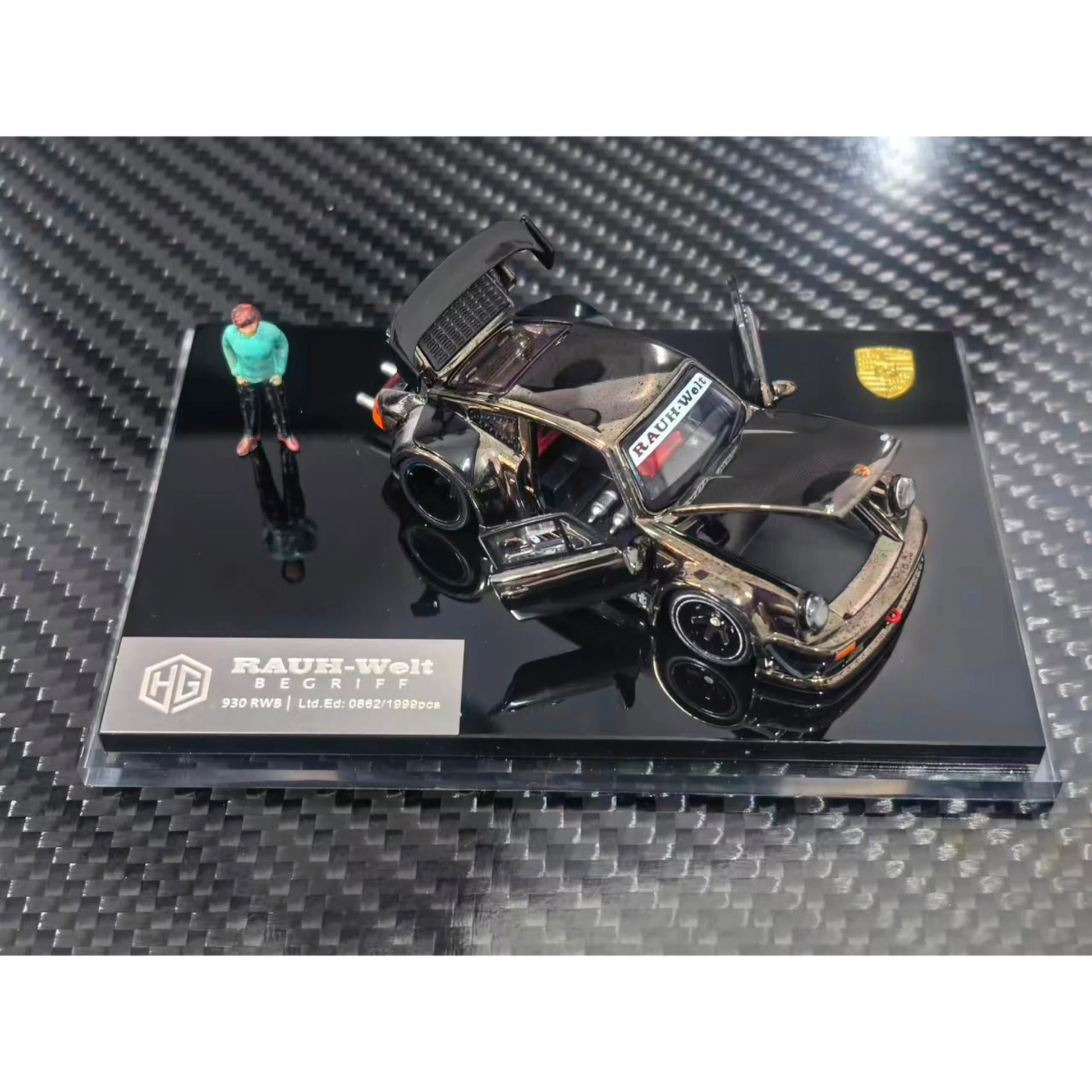 Lot57Supplies Diecast Shop FG Customized RWB930 diecast car in chrome gunmetal with open doors and included figure