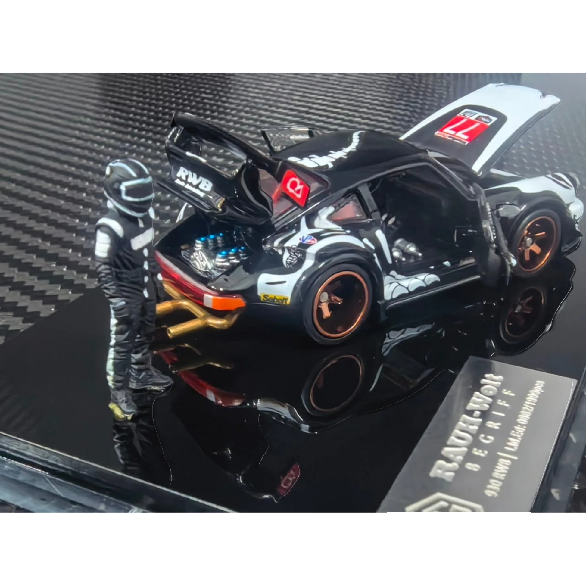 Lot57Supplies Diecast Shop 1:64 scale RWB930 diecast model car with open doors and engine bay, featuring a driver figure