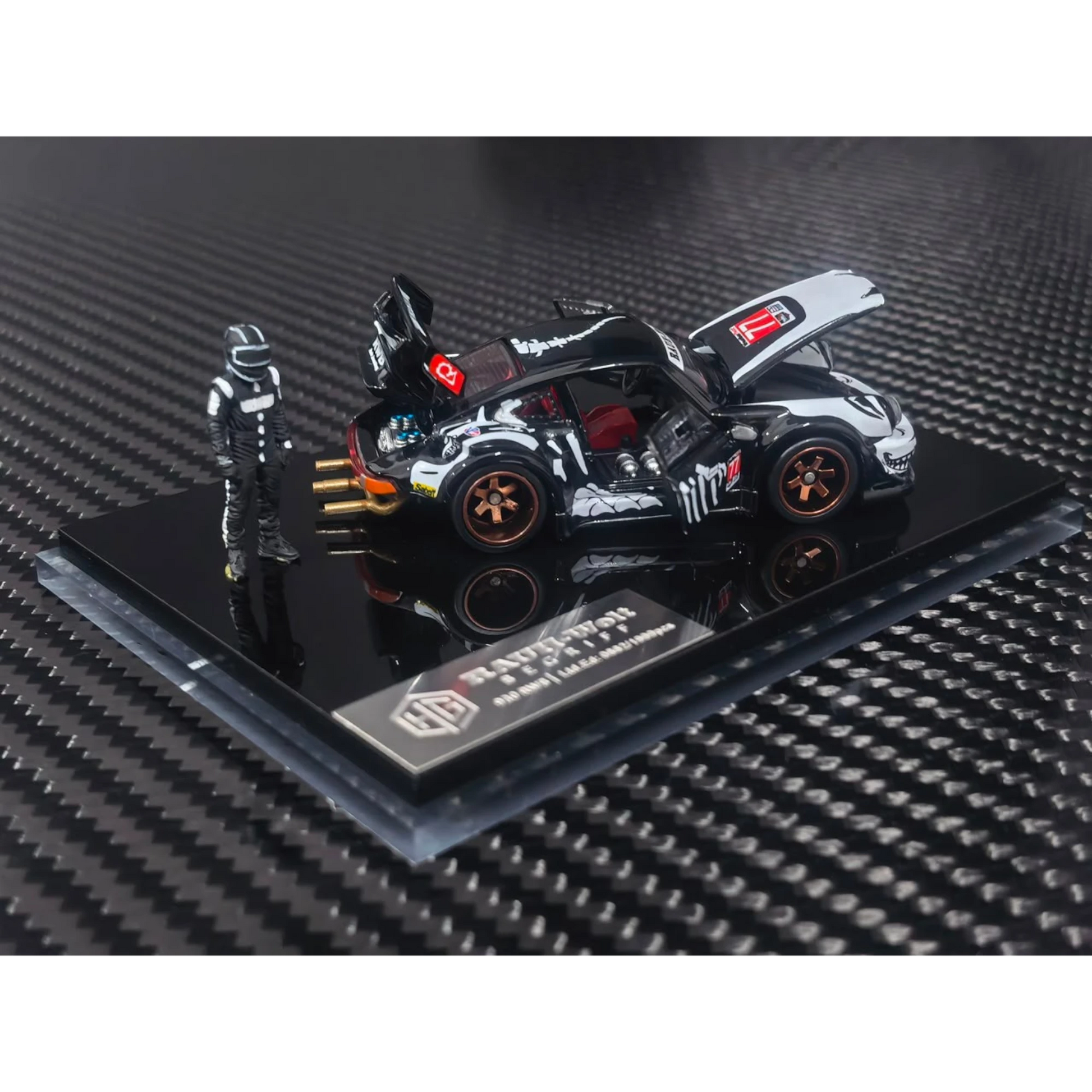 Lot57Supplies Diecast Shop 1:64 scale RWB930 diecast model car in black and white with open doors and engine bay