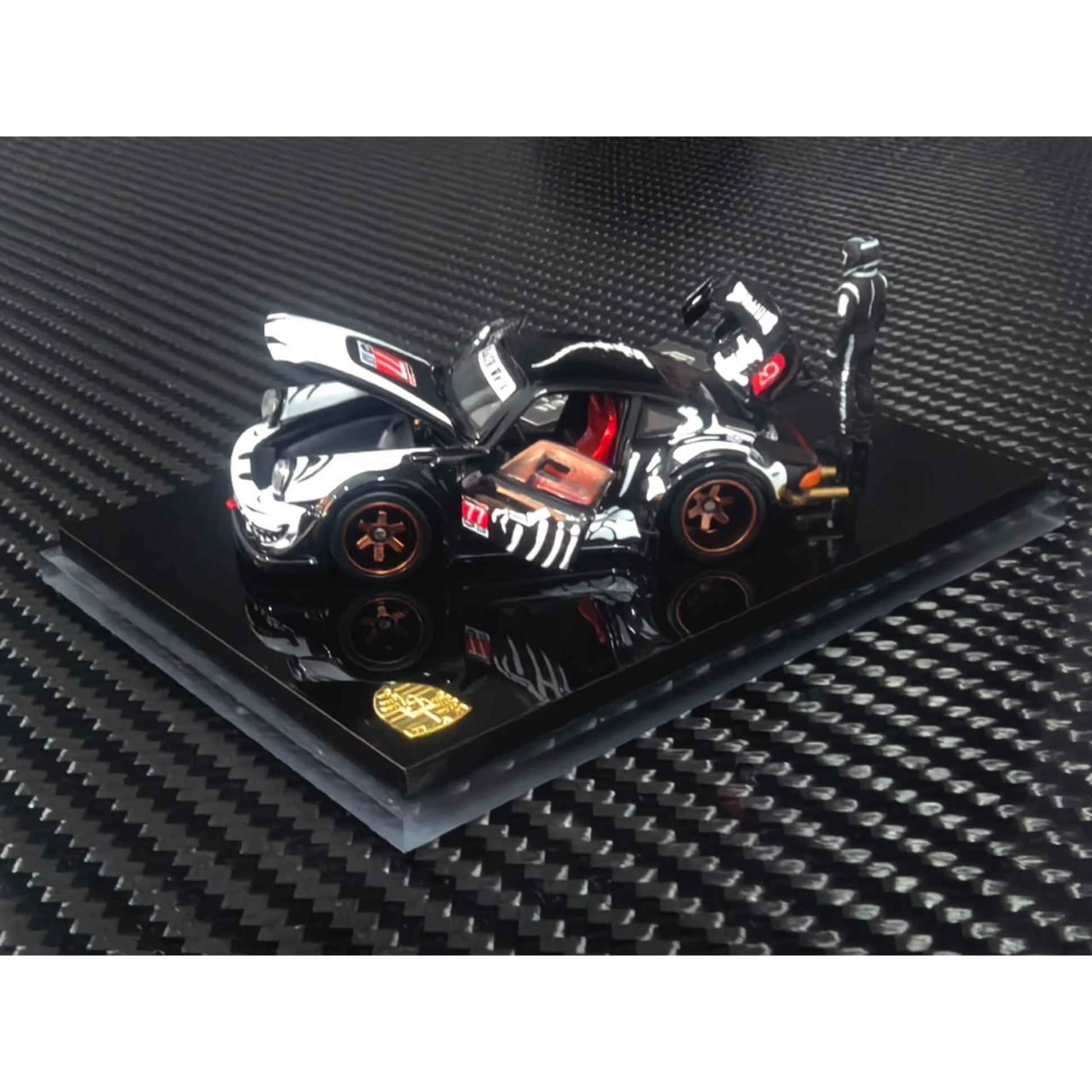 Lot57Supplies Diecast Shop 1:64 scale RWB930 diecast model car in black and white with open doors and engine bay