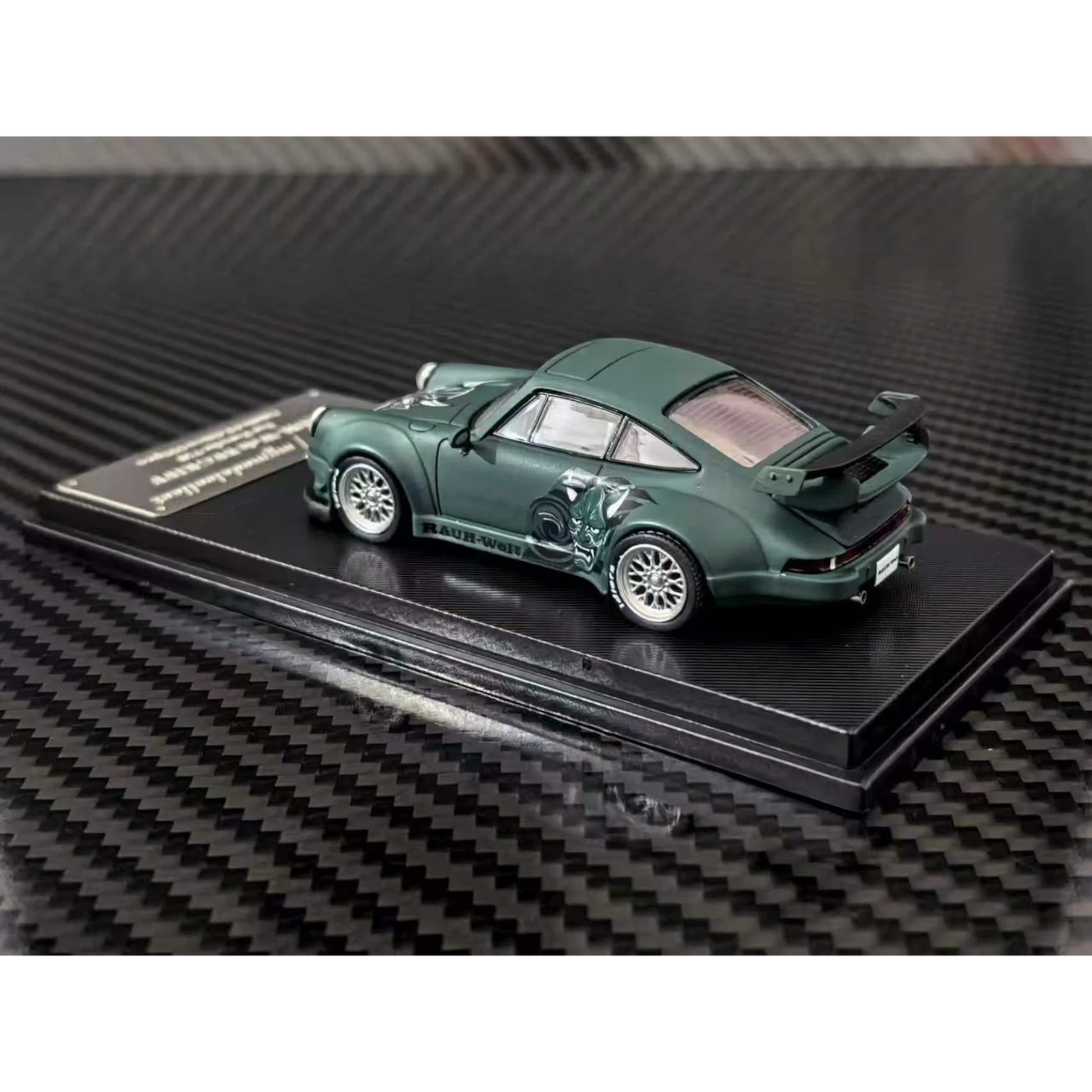 Lot57Supplies Diecast Shop 1:64 scale MC RWB930 diecast car in matte green with Hannya mask livery and GT wing