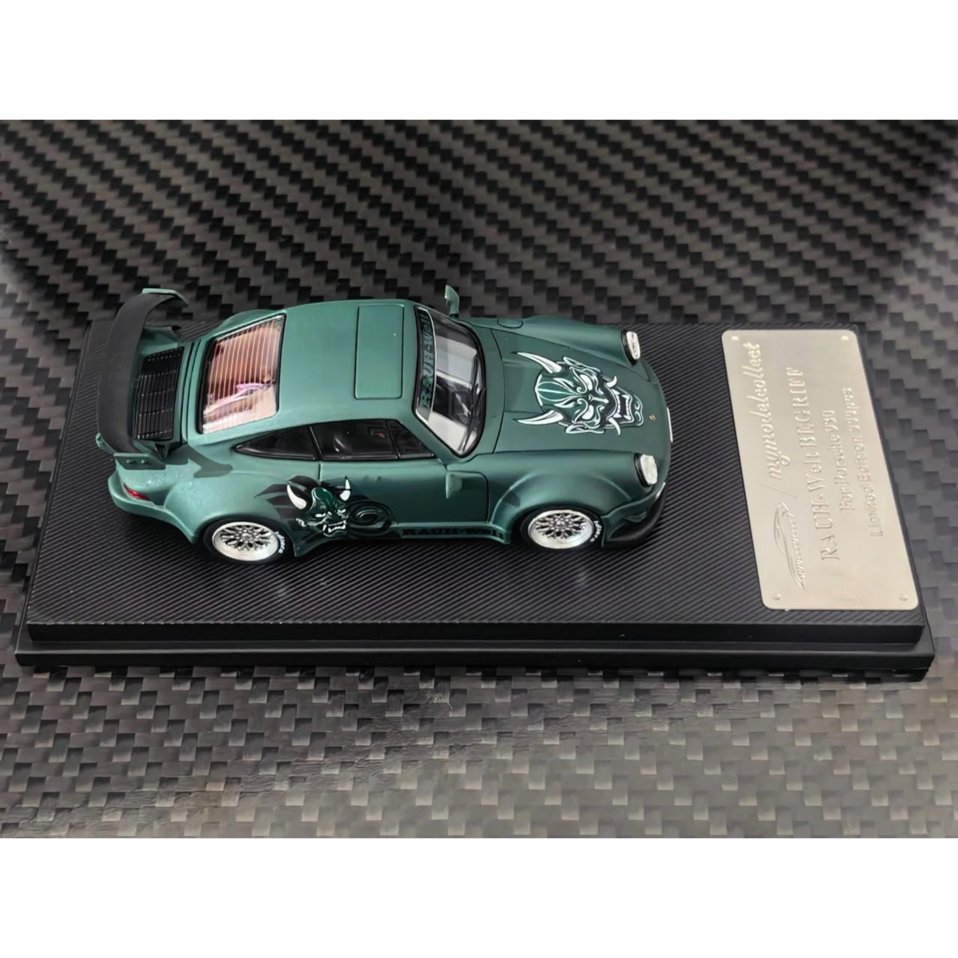 Lot57Supplies Diecast Shop 1:64 scale MC RWB930 diecast car in matte green with Hannya mask livery and GT wing