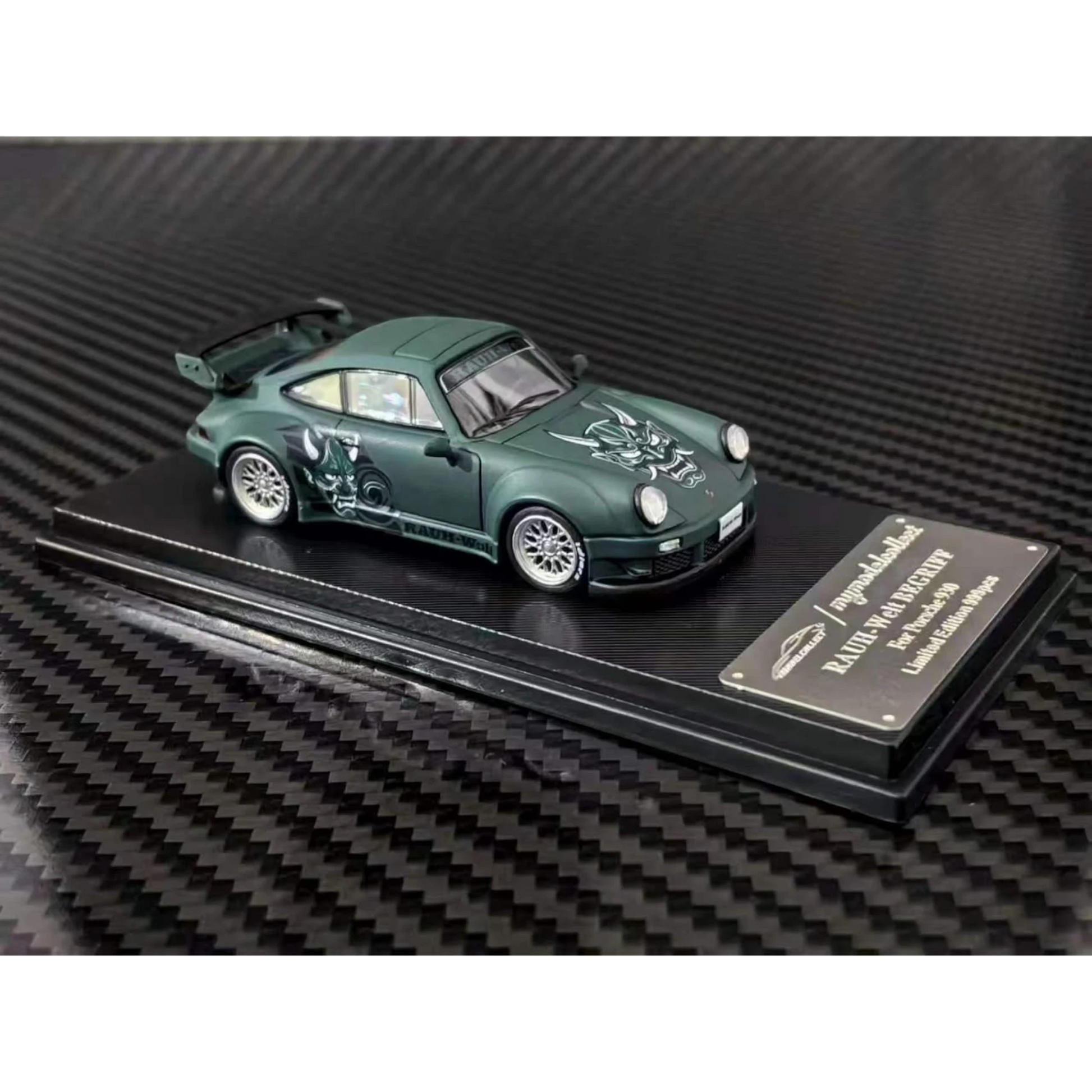 Lot57Supplies Diecast Shop 1:64 scale MC RWB930 diecast car in matte green with Hannya mask livery and GT wing