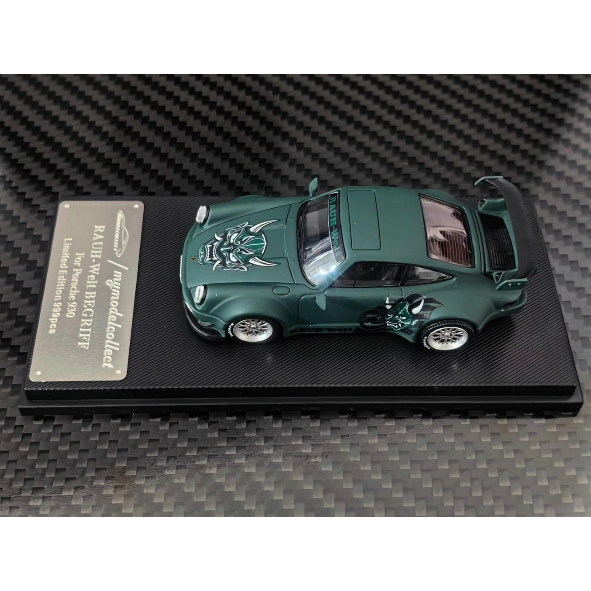 Lot57Supplies Diecast Shop 1:64 scale MC RWB930 diecast car in matte green with Hannya mask livery and GT wing