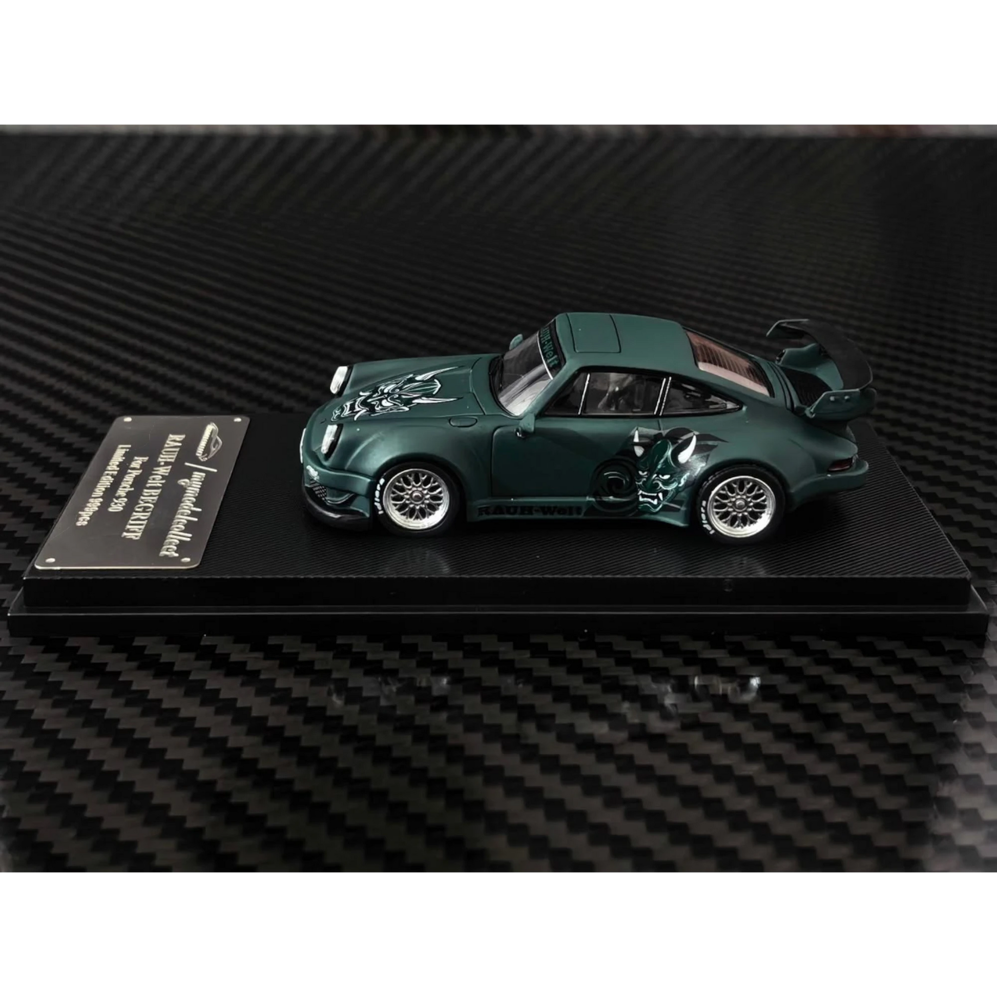Lot57Supplies Diecast Shop 1:64 scale MC RWB930 diecast car in matte green with Hannya mask livery and GT wing