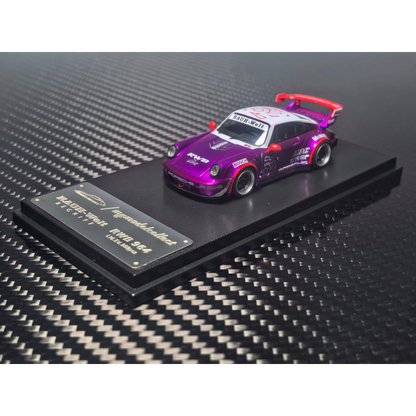 Lot57Supplies Diecast Shop MC RWB964 high wing diecast car in transparent pink and purple on a display base