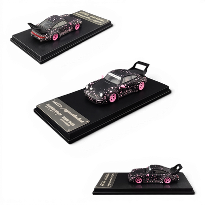 Lot57Supplies Diecast Shop MC RWB964 high wing diecast car in black with pink sakura livery on a display base