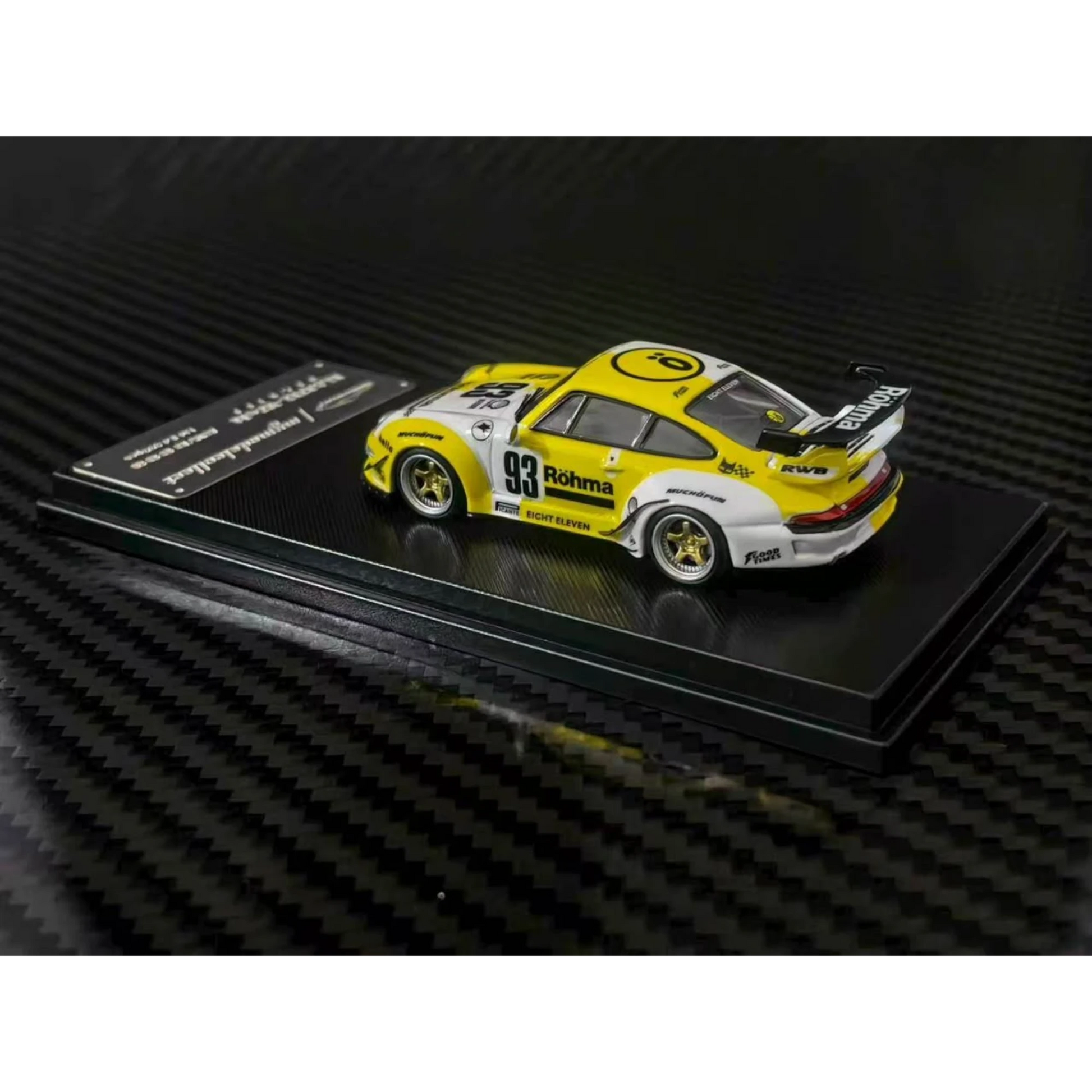 Lot57Supplies Diecast Shop 1:64 scale MC RWB993 diecast car in white and yellow Rohma livery with high rear wing