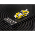 Lot57Supplies Diecast Shop 1:64 scale MC RWB993 diecast car in white and yellow Rohma livery with high wing spoiler