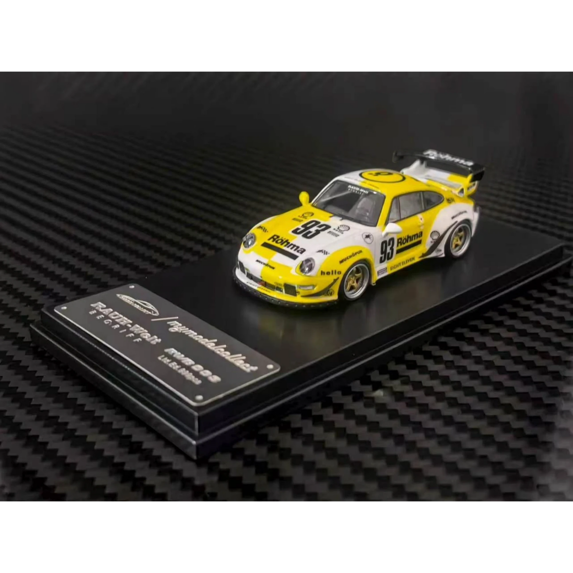 Lot57Supplies Diecast Shop 1:64 scale MC RWB993 diecast car in white and yellow Rohma livery with high wing spoiler