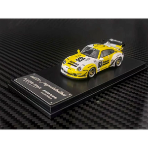 Lot57Supplies Diecast Shop 1:64 scale MC RWB993 diecast car in white and yellow Rohma livery with high wing spoiler