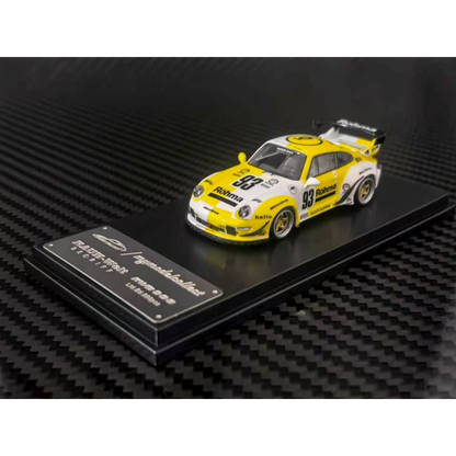 Lot57Supplies Diecast Shop 1:64 scale MC RWB993 diecast car in white and yellow Rohma livery with high wing spoiler