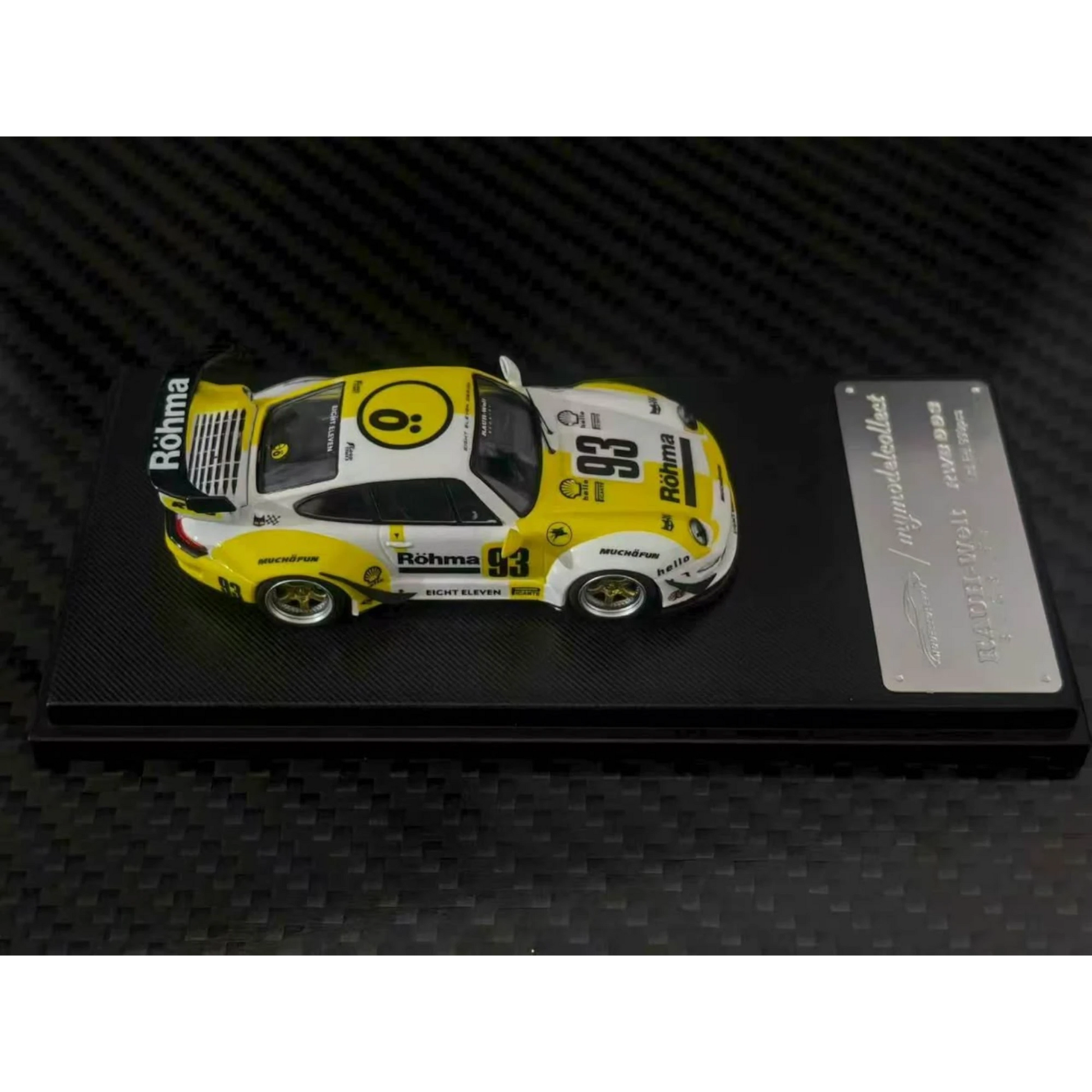 Lot57Supplies Diecast Shop 1:64 scale MC RWB993 diecast car in white and yellow Rohma livery with high wing spoiler