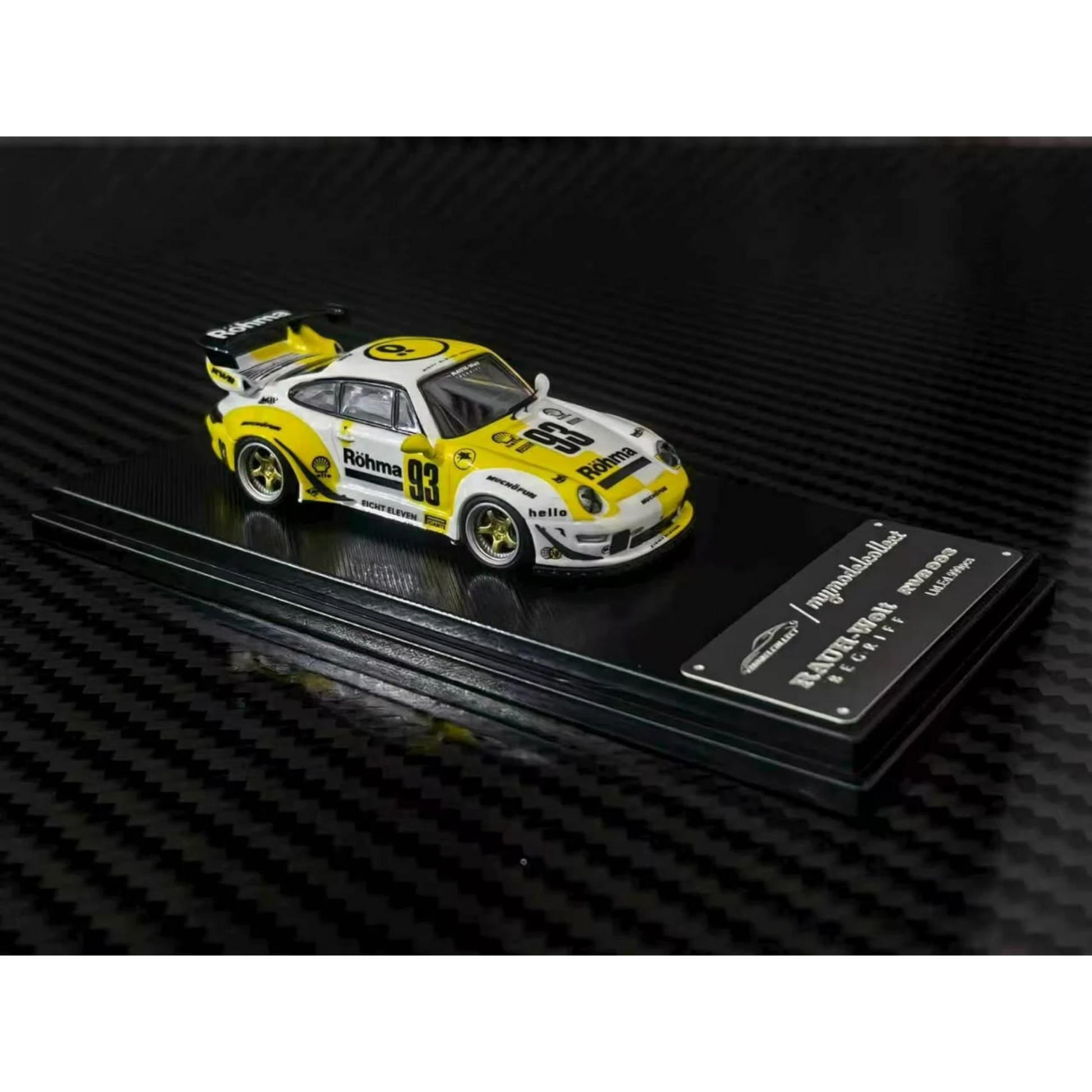 Lot57Supplies Diecast Shop 1:64 scale MC RWB993 diecast model car in white and yellow Rohma livery with high wing