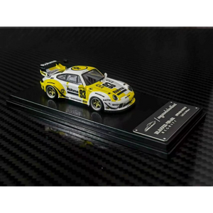 Lot57Supplies Diecast Shop 1:64 scale MC RWB993 diecast model car in white and yellow Rohma livery with high wing