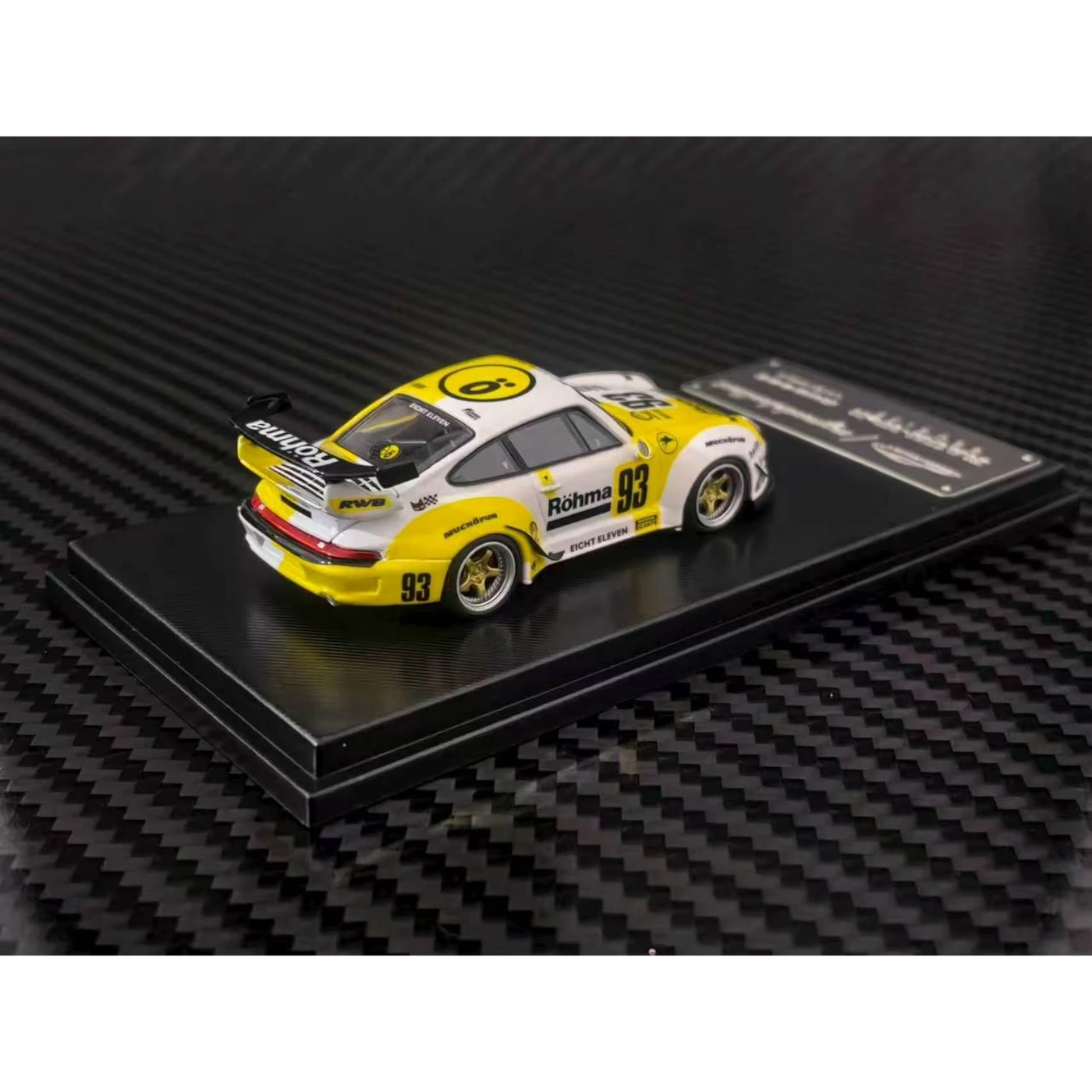 Lot57Supplies Diecast Shop 1:64 scale MC RWB993 diecast model car in white and yellow Rohma livery with high wing