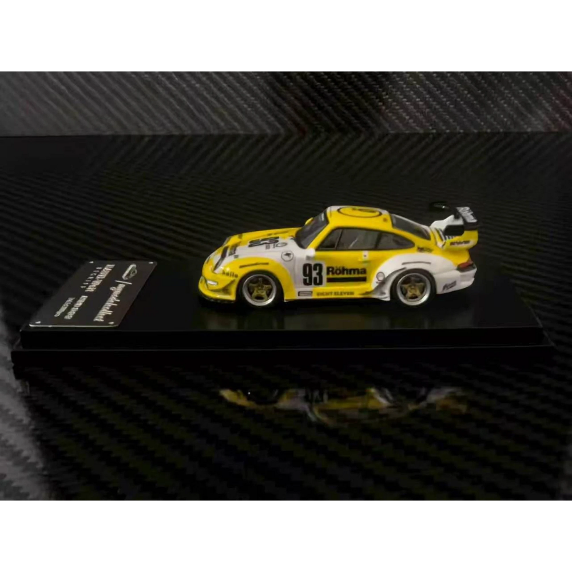 Lot57Supplies Diecast Shop 1:64 scale MC RWB993 diecast model car in white and yellow Rohma livery with high wing
