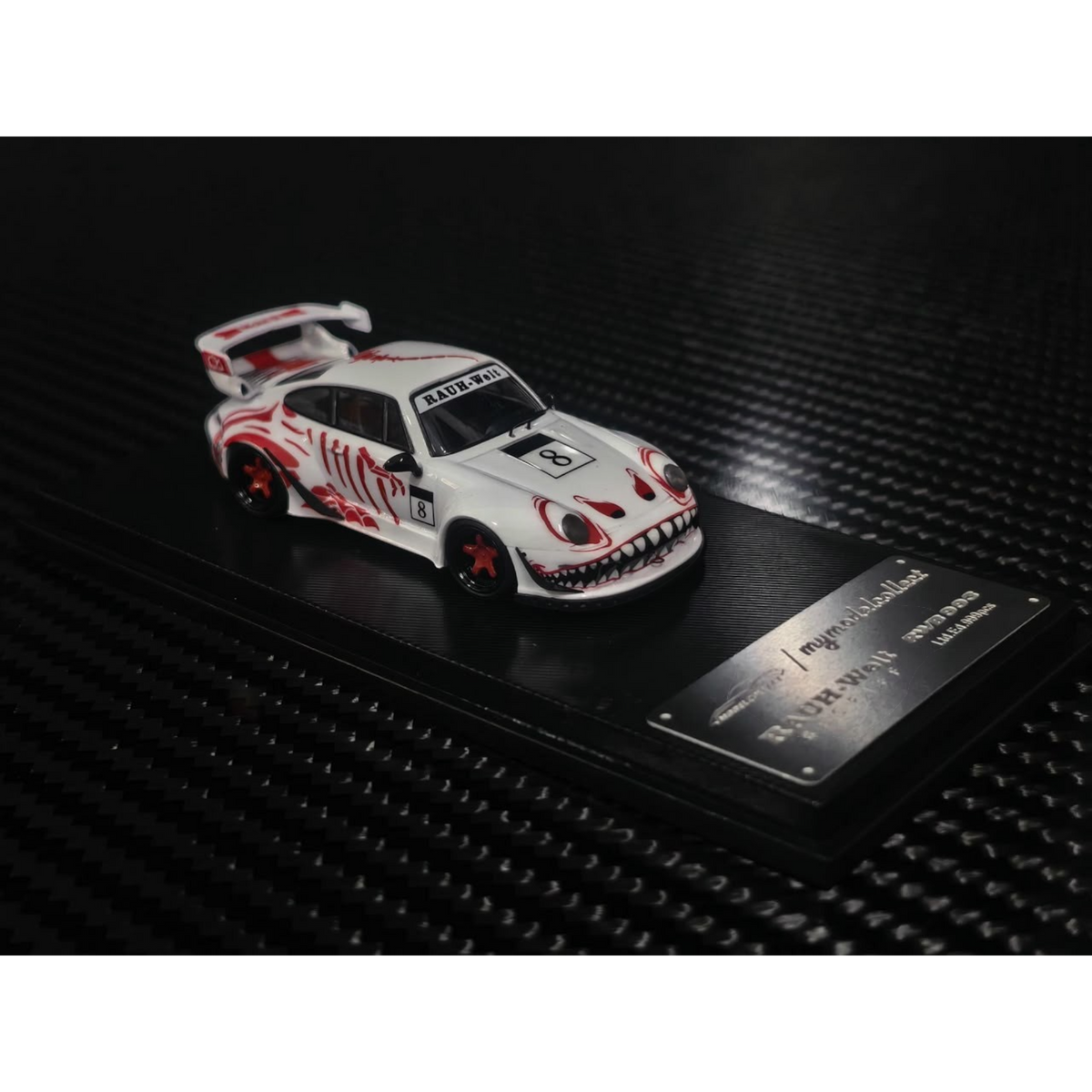 Lot57Supplies Diecast Shop MC RWB993 high wing diecast car in white with red bone dragon livery on display base
