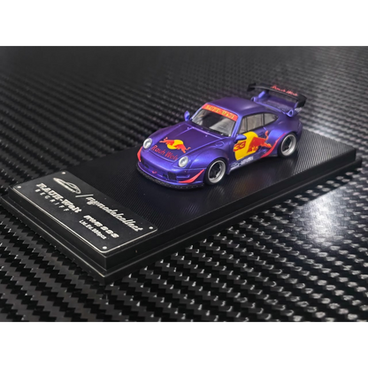 Lot57Supplies Diecast Shop 1:64 scale MC RWB993 diecast car in matte purple with Red Bull livery and high wing spoiler